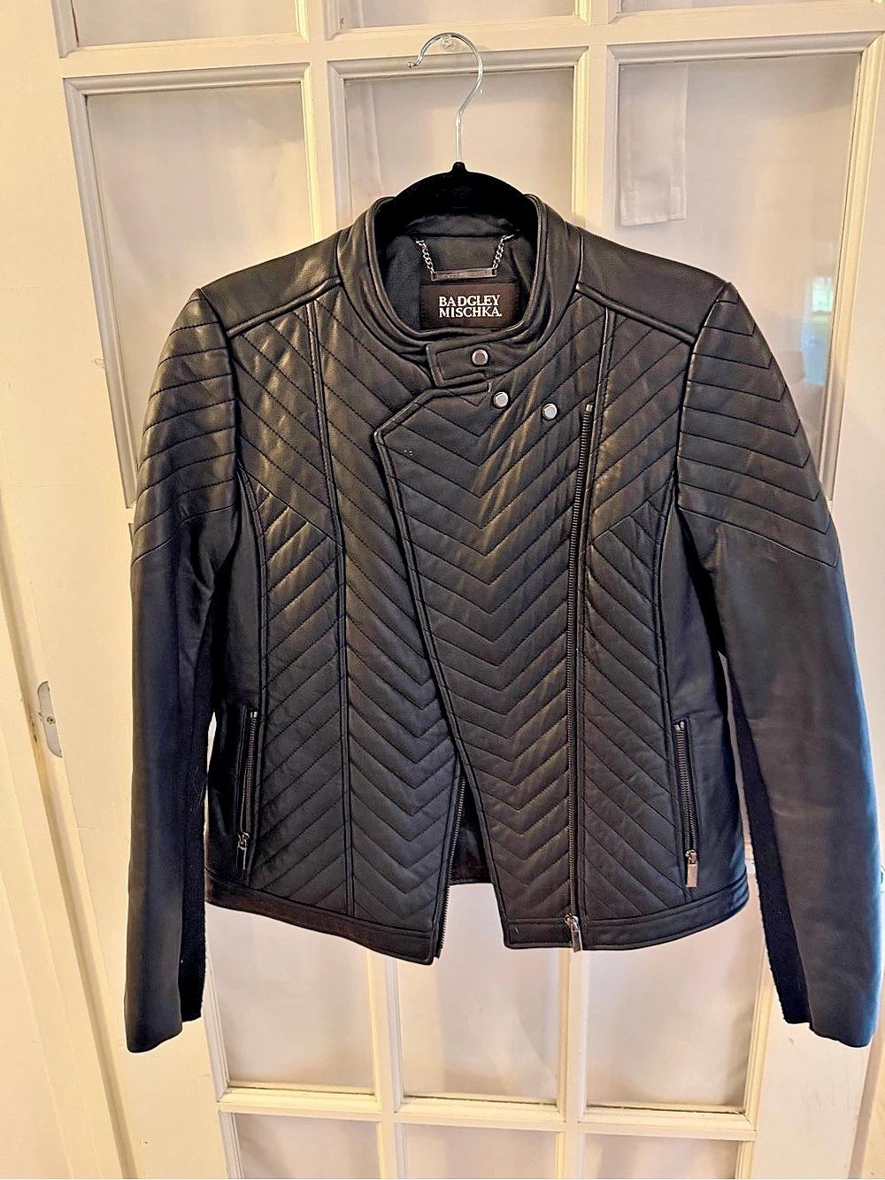 Badgley Mischka Black Chevron Quilted Leather Moto Jacket